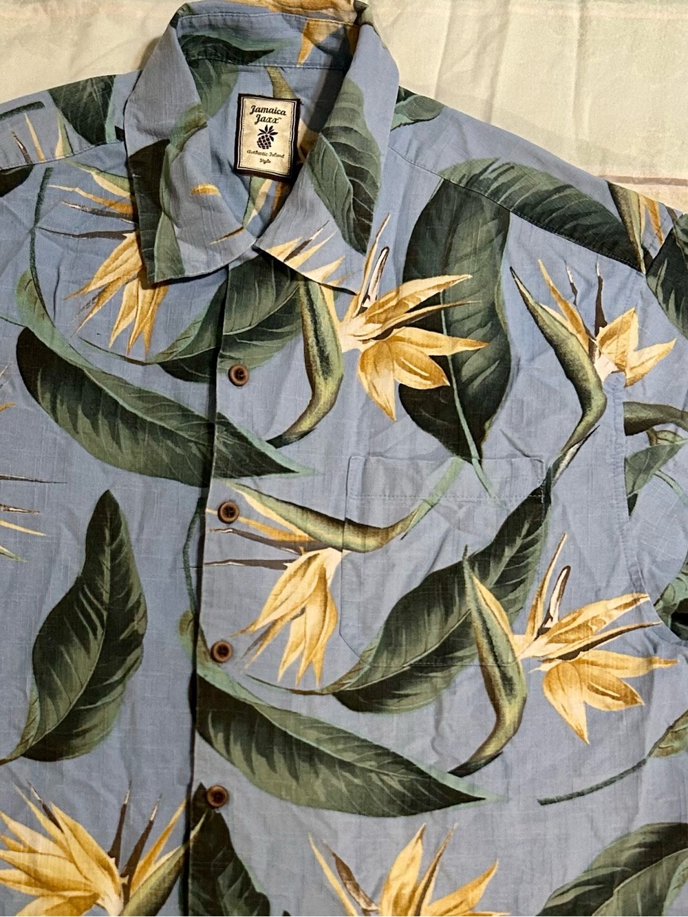 Jamaica Jaxx Men’s Silk Blue Tropical Floral Button-Down Hawaiian Shirt L